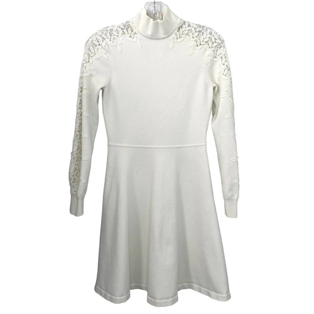 Eliza J Dress Womens White Lace Embellished Long Sleeve Mock Neck Size S